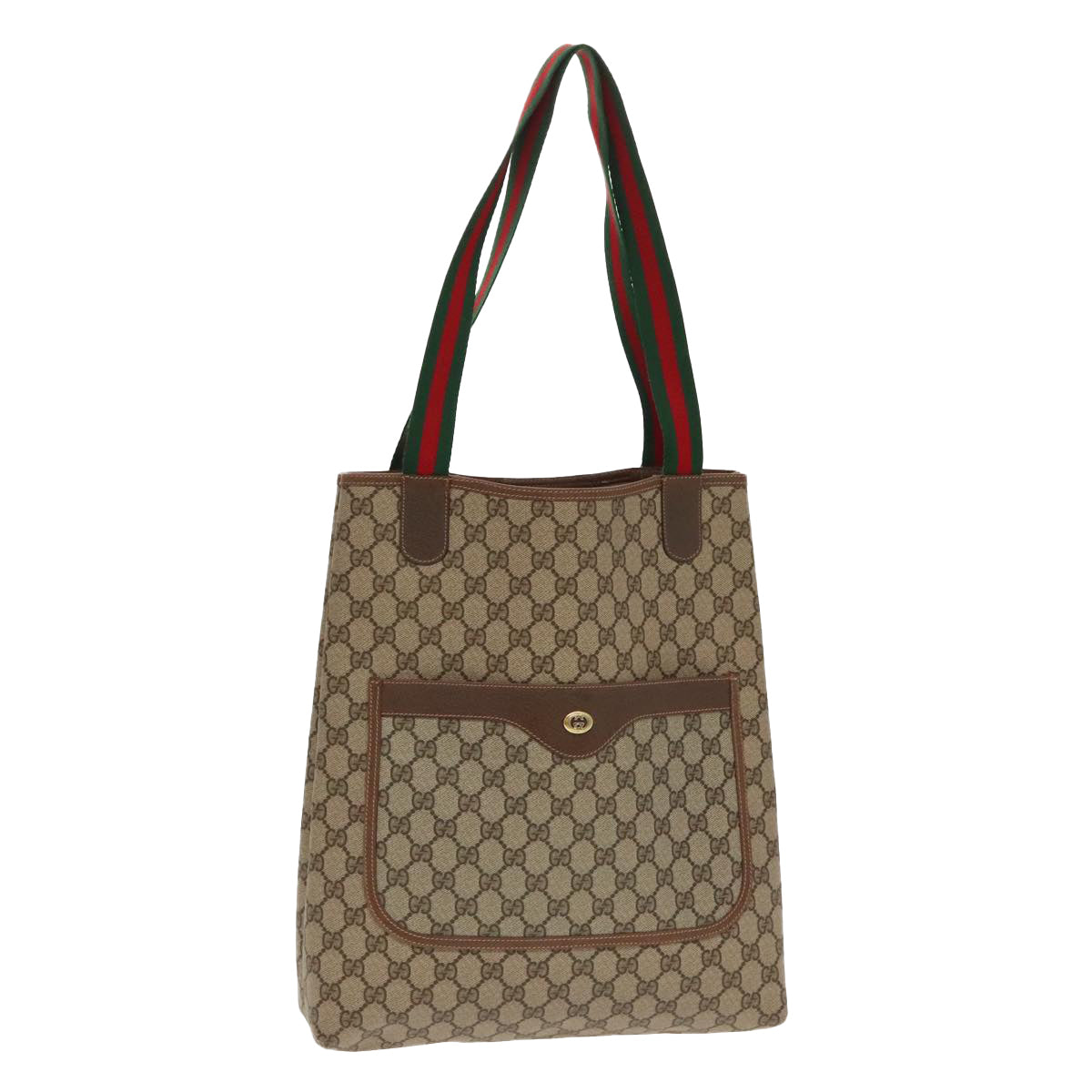 GUCCI GG Canvas Web Sherry Line Tote Bag PVC Leather Beige Green Auth yk15583