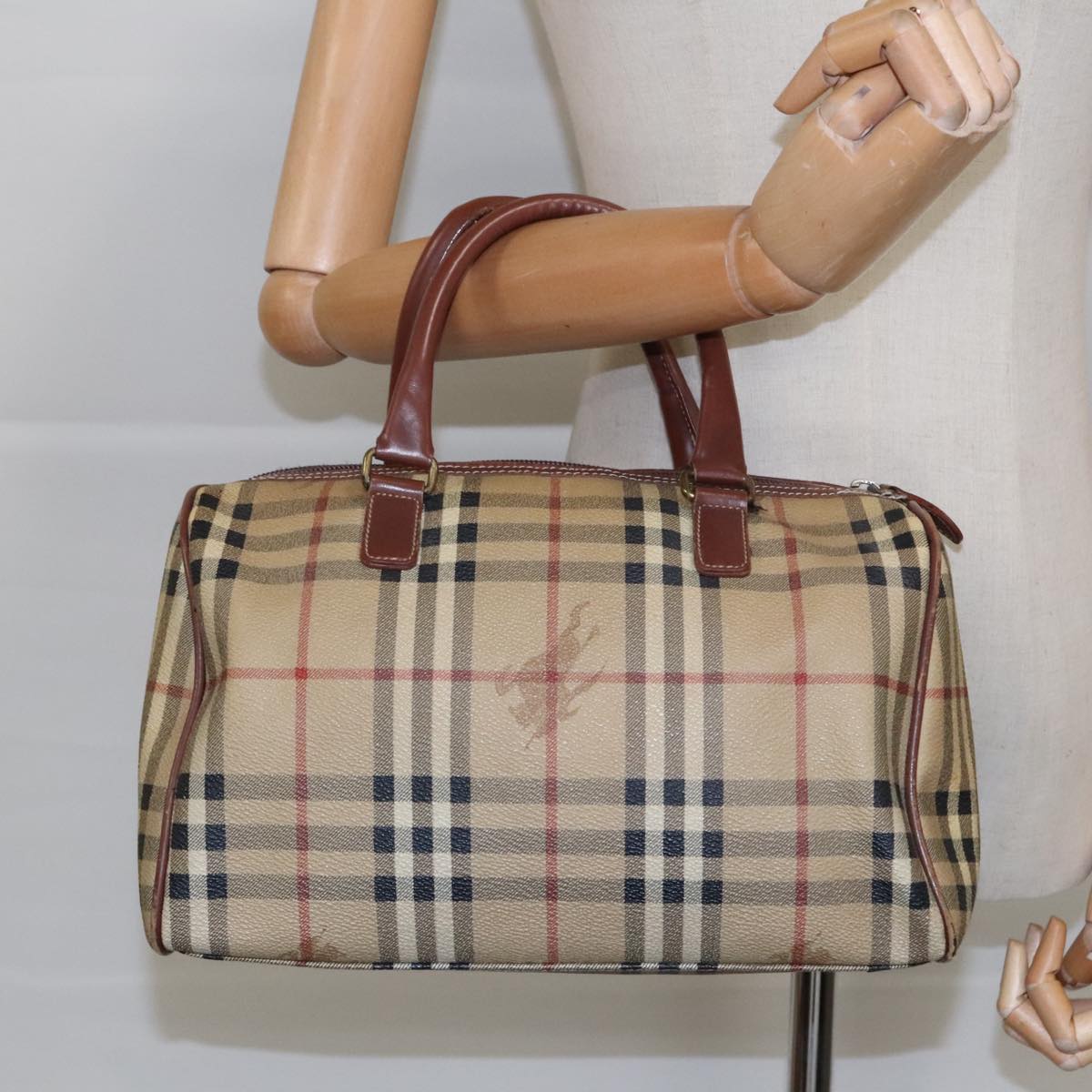 BURBERRY Nova Check Boston Bag PVC Leather Beige Auth yk15586