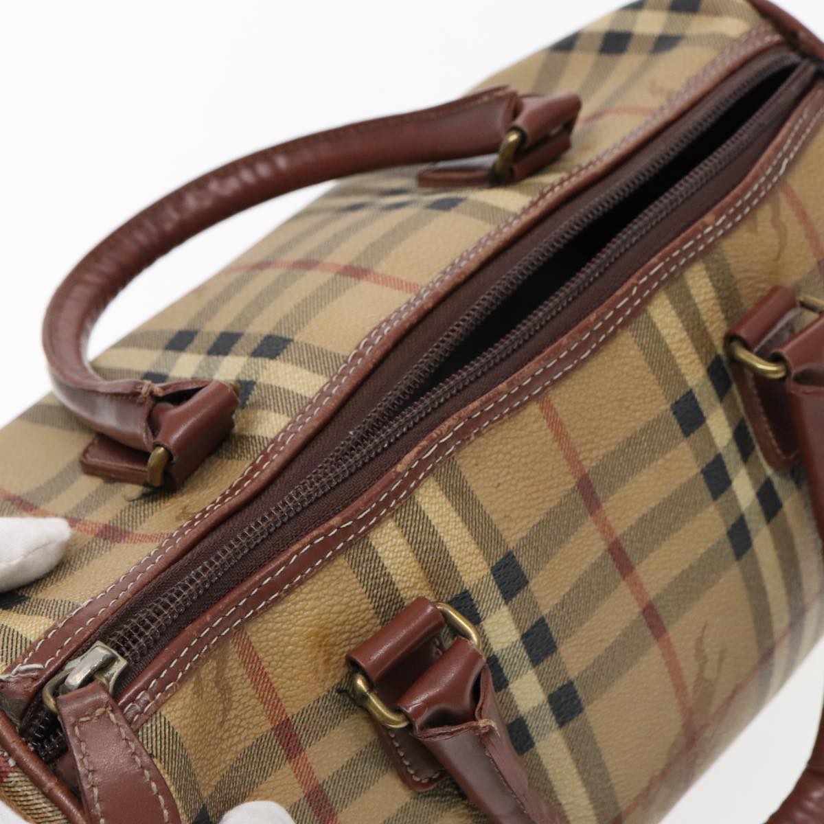 BURBERRY Nova Check Boston Bag PVC Leather Beige Auth yk15586