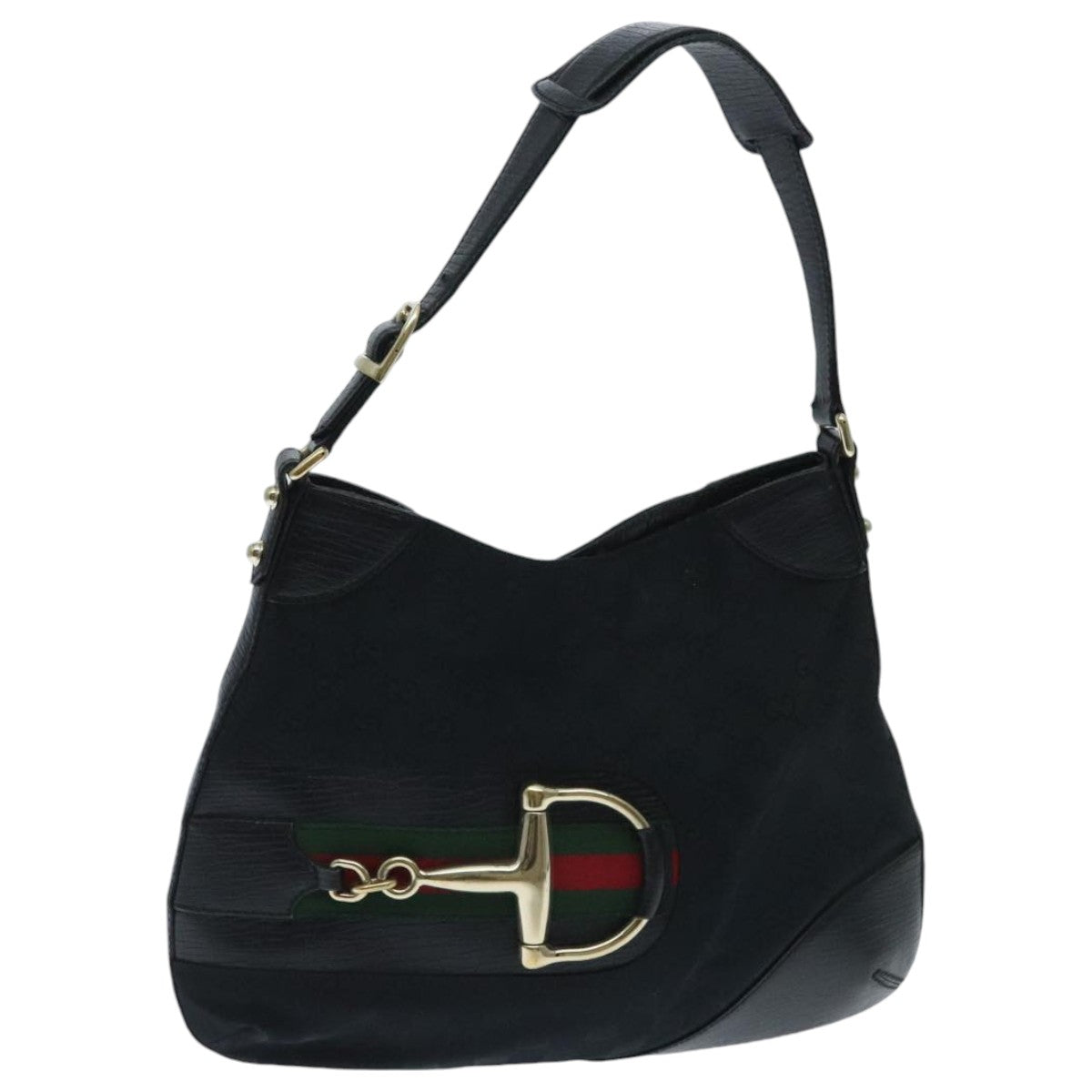 GUCCI GG Canvas Web Sherry Line Horsebit Shoulder Bag Black Green Auth yk15591