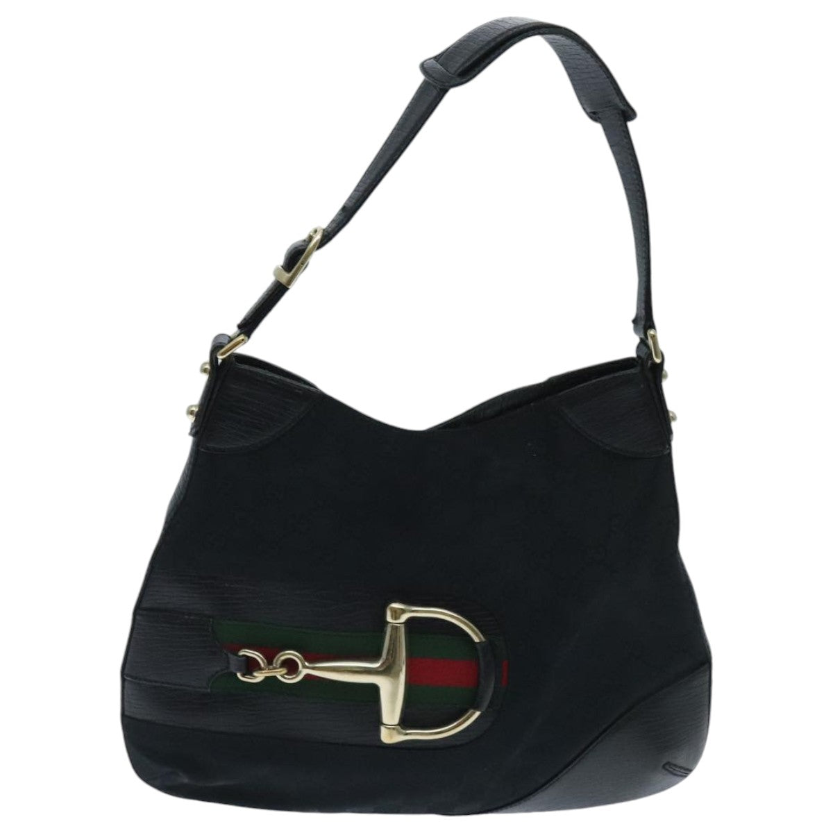 GUCCI GG Canvas Web Sherry Line Horsebit Shoulder Bag Black Green Auth yk15591