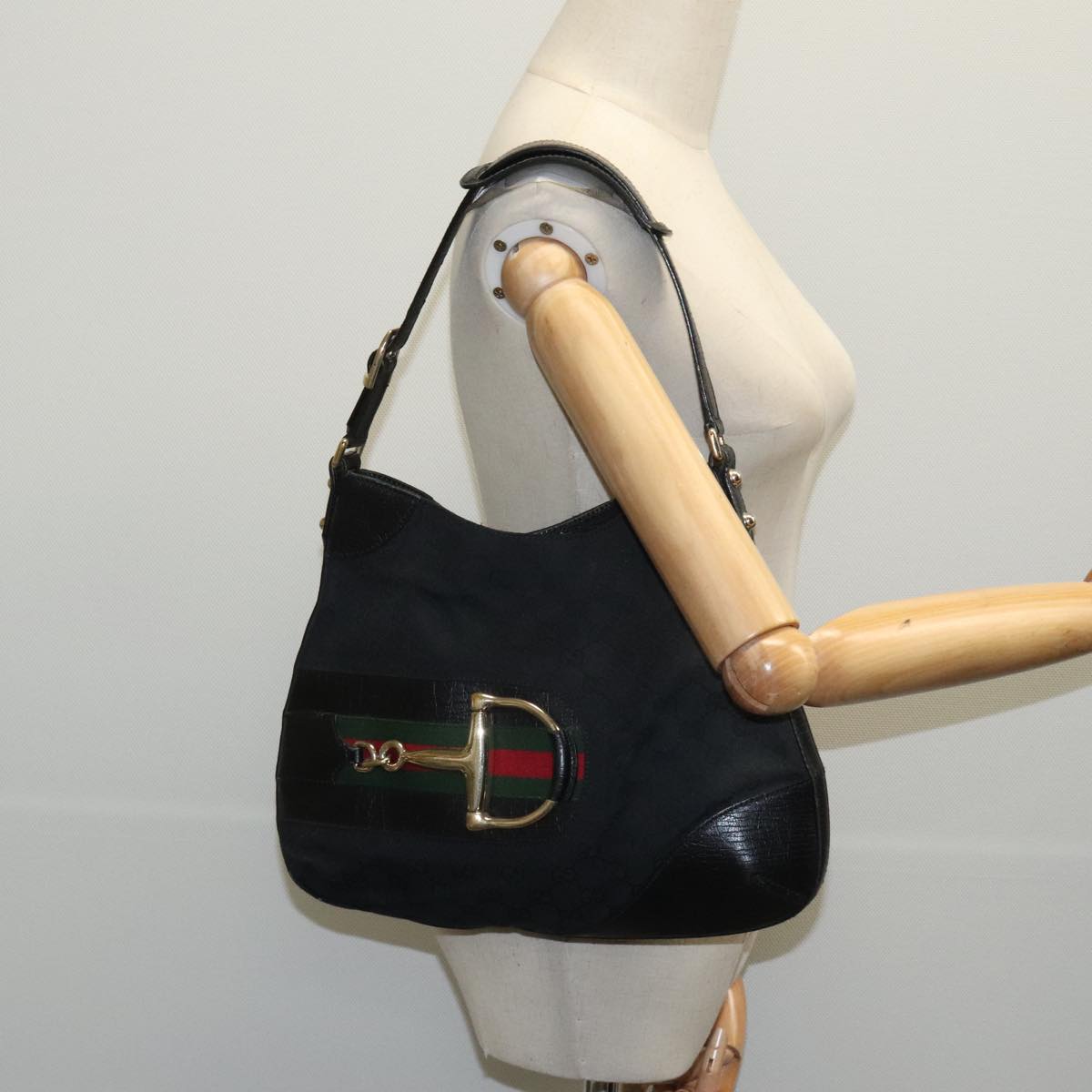 GUCCI GG Canvas Web Sherry Line Horsebit Shoulder Bag Black Green Auth yk15591