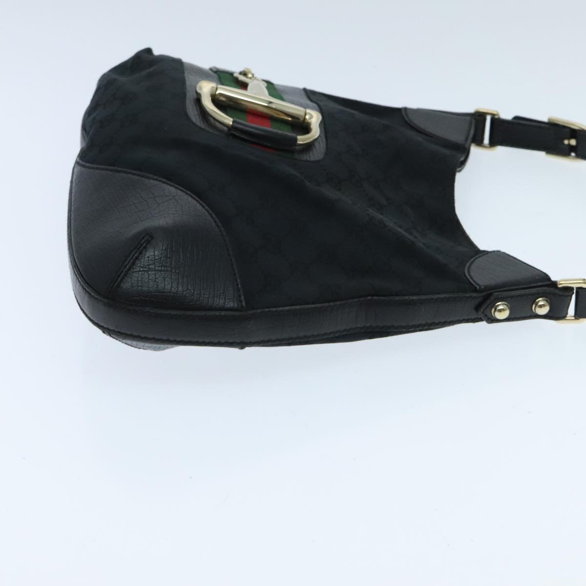 GUCCI GG Canvas Web Sherry Line Horsebit Shoulder Bag Black Green Auth yk15591