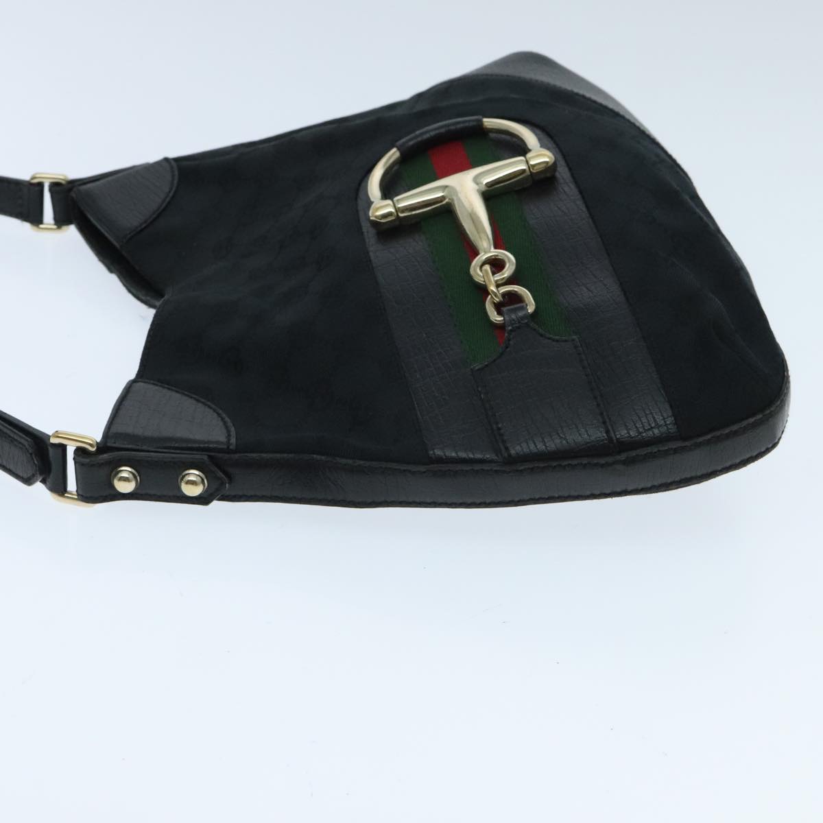 GUCCI GG Canvas Web Sherry Line Horsebit Shoulder Bag Black Green Auth yk15591