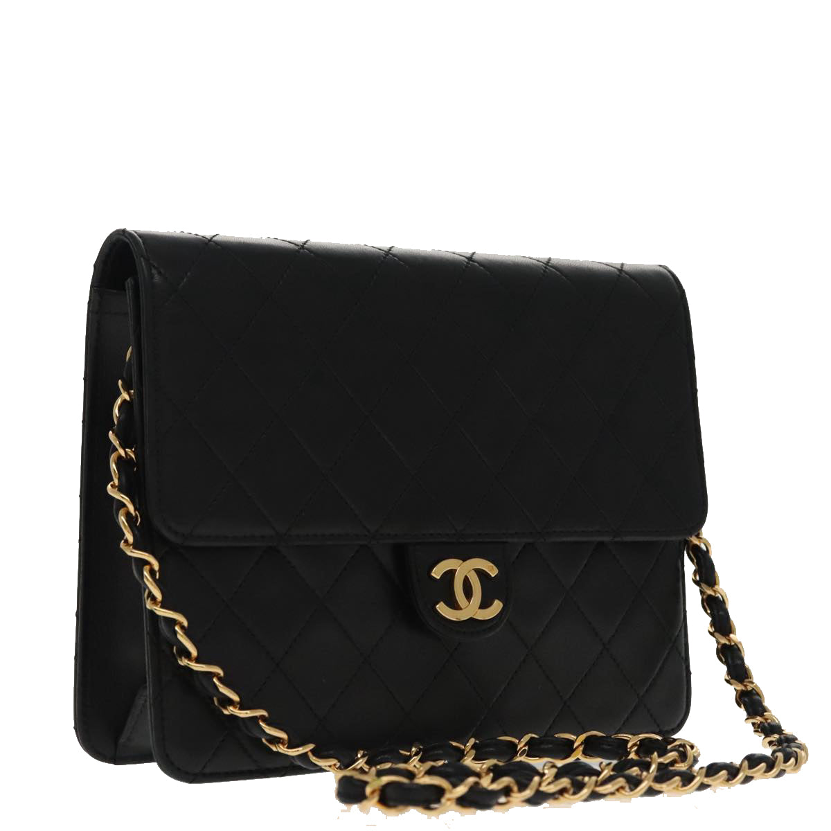 CHANEL Matelasse Chain Shoulder Bag Lamb Skin Black Gold CC Auth yk15607A