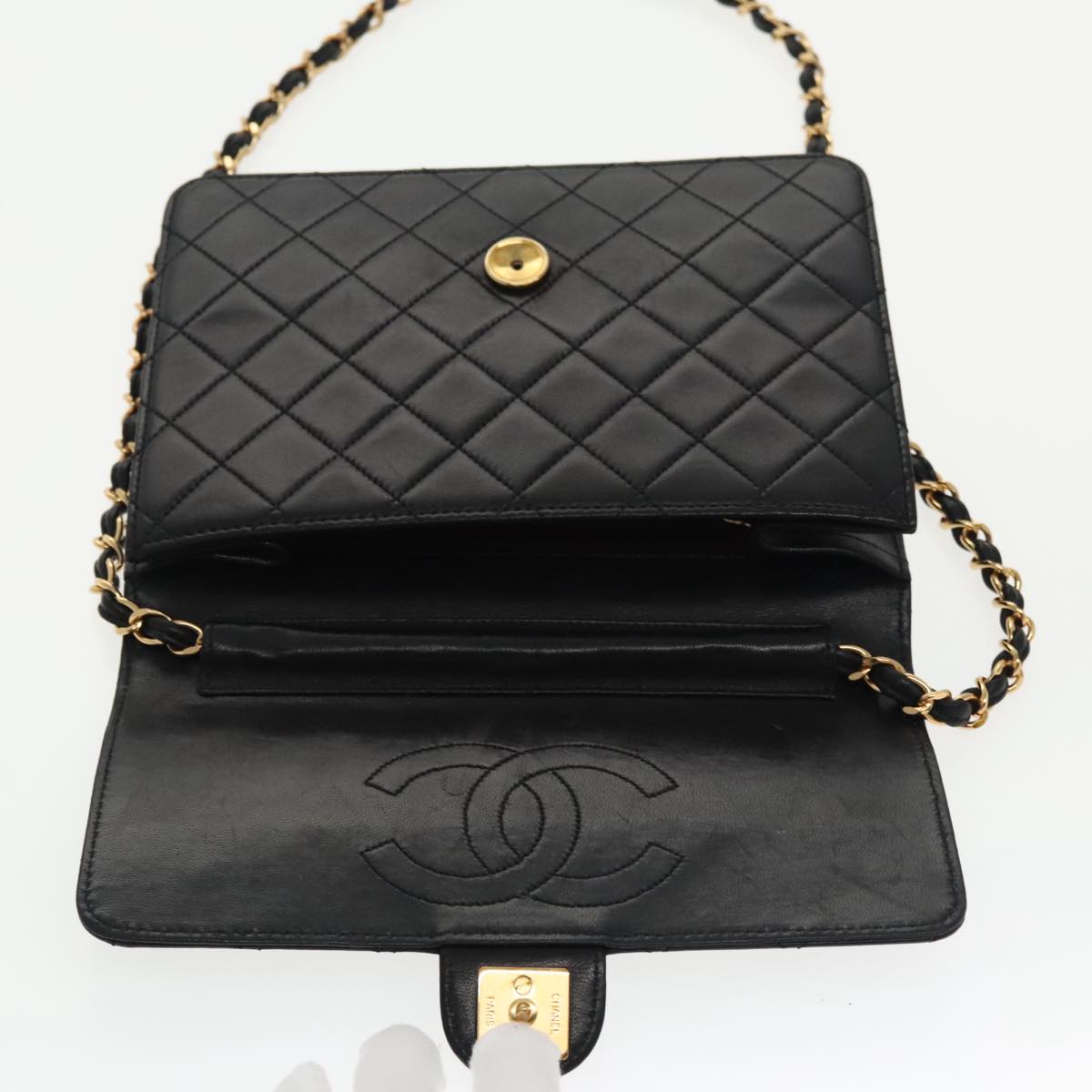 CHANEL Matelasse Chain Shoulder Bag Lamb Skin Black Gold CC Auth yk15607A