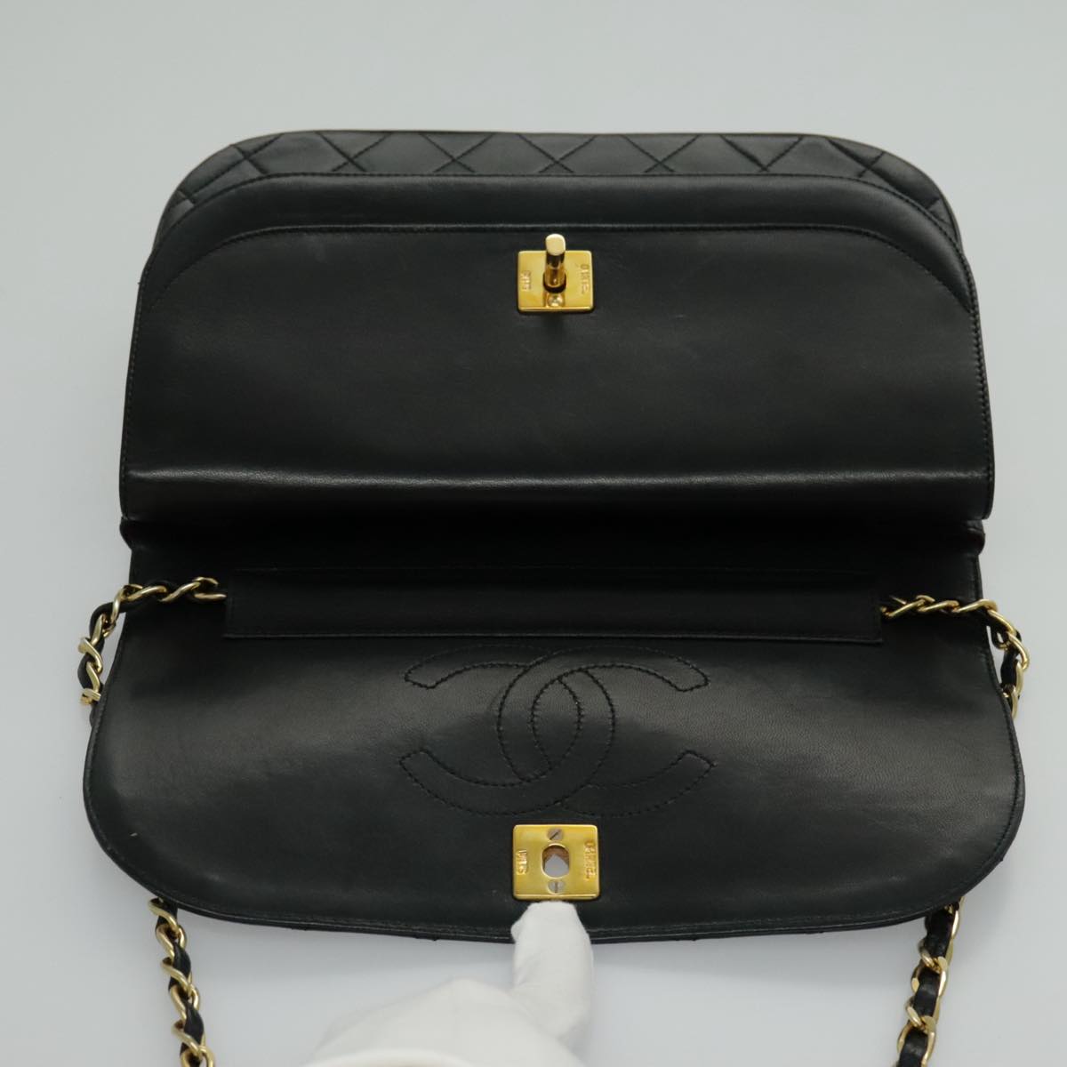 CHANEL Matelasse Chain Double Flap Bag Lamb Skin Black Gold CC Auth yk15608A