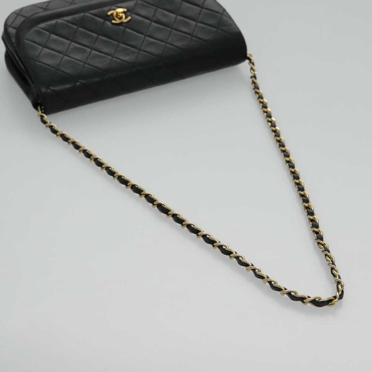 CHANEL Matelasse Chain Double Flap Bag Lamb Skin Black Gold CC Auth yk15608A