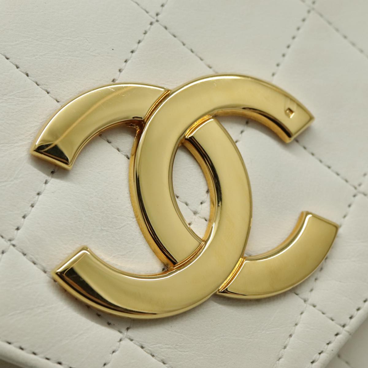 CHANEL Matelasse Big COCO Mark Chain Bag Lamb Skin White Gold CC Auth yk15609A