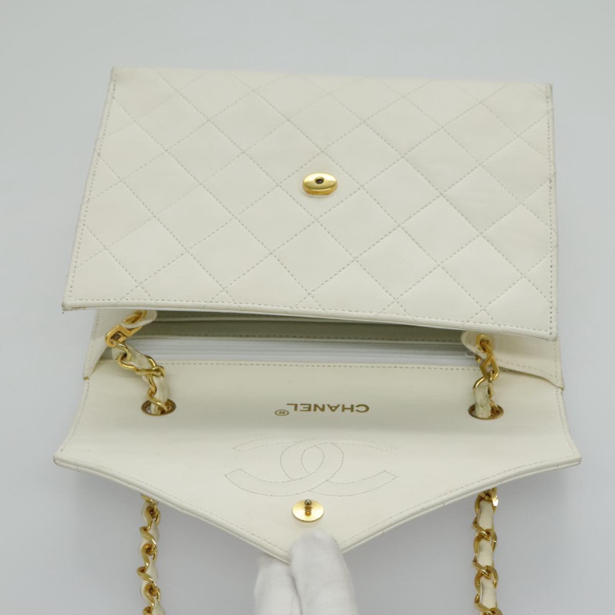 CHANEL Matelasse Big COCO Mark Chain Bag Lamb Skin White Gold CC Auth yk15609A