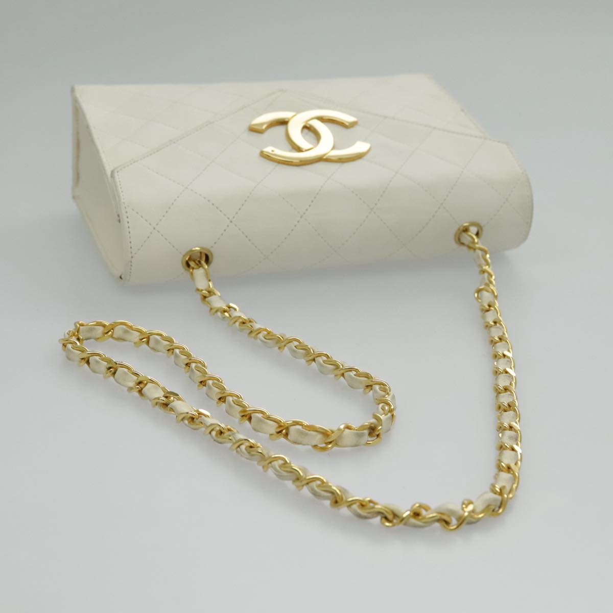 CHANEL Matelasse Big COCO Mark Chain Bag Lamb Skin White Gold CC Auth yk15609A