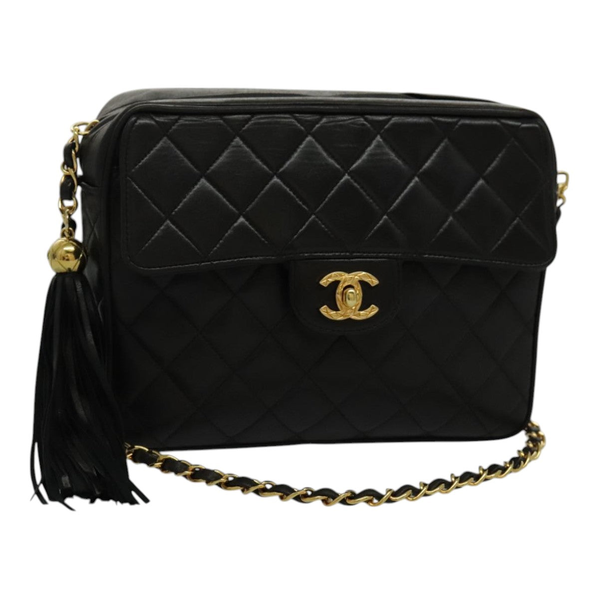 CHANEL Matelasse Chain Shoulder Bag Lamb Skin Black Gold CC Auth yk15611A