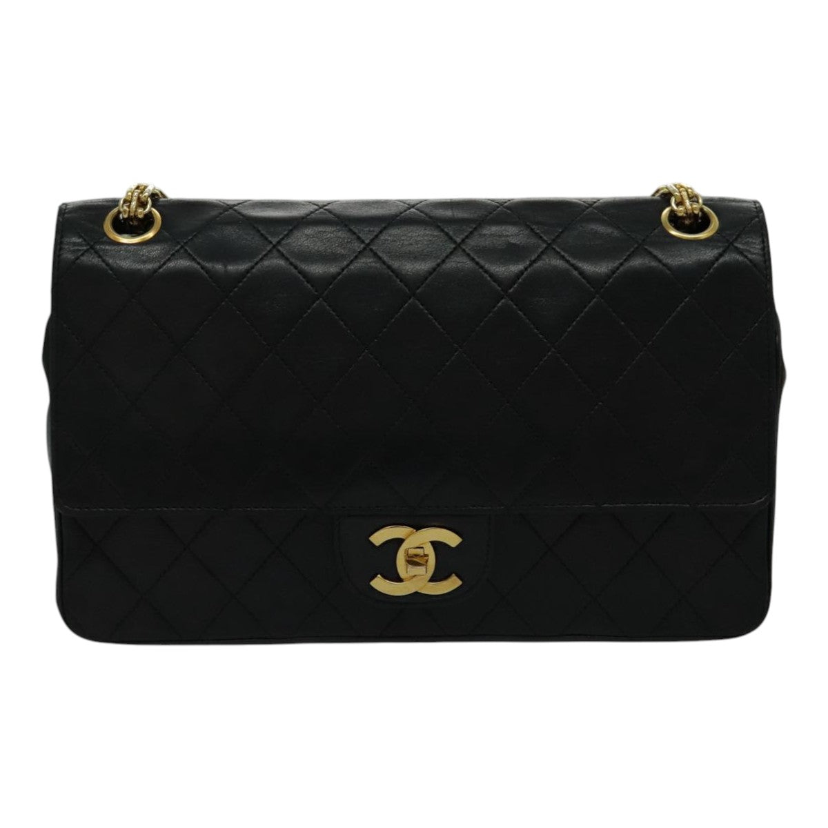 CHANEL Matelasse Chain Hand Bag Lamb Skin Vintage Black Gold CC Auth yk15613A