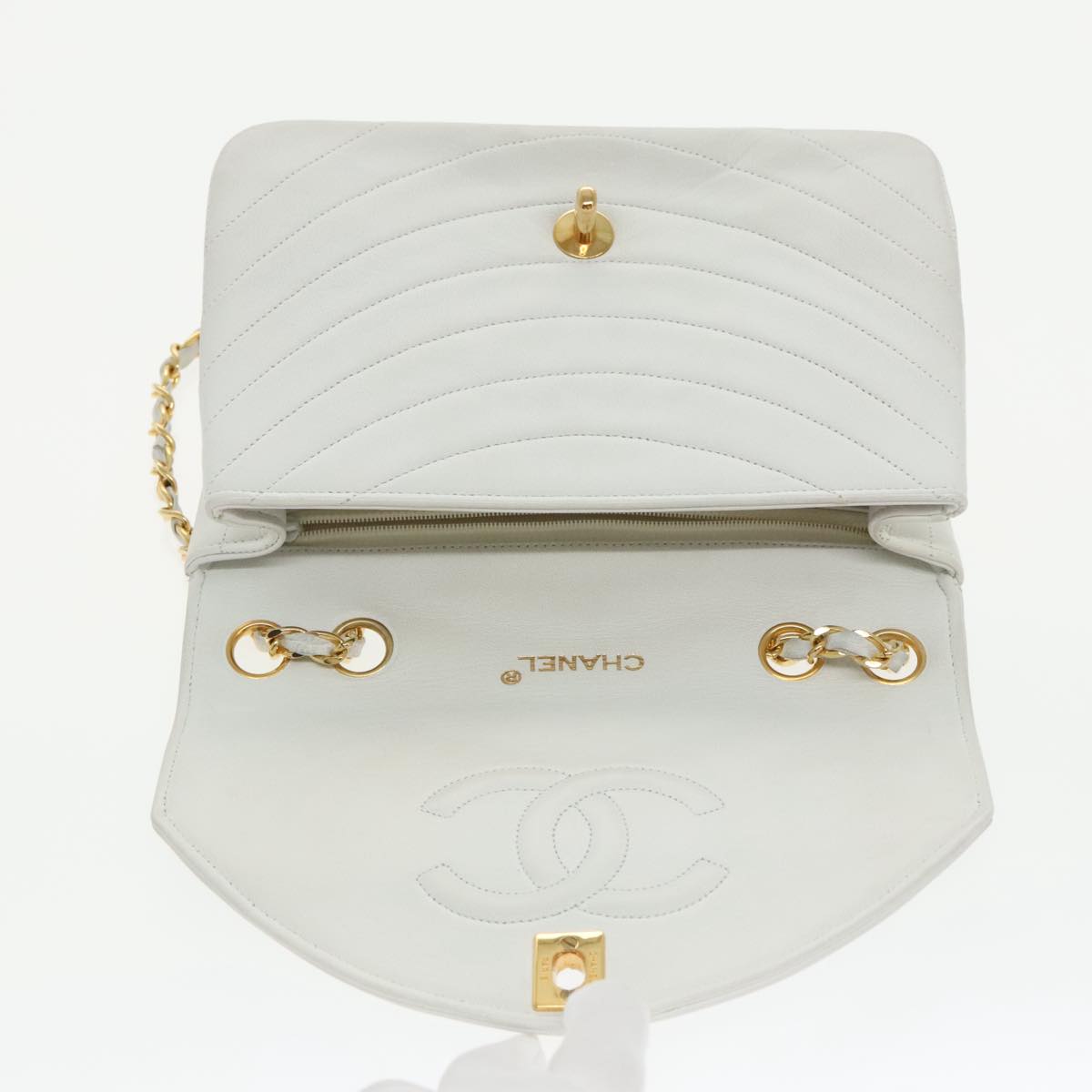 CHANEL Wave Stitch Chain Hand Bag Lamb Skin White Gold CC Auth yk15635A