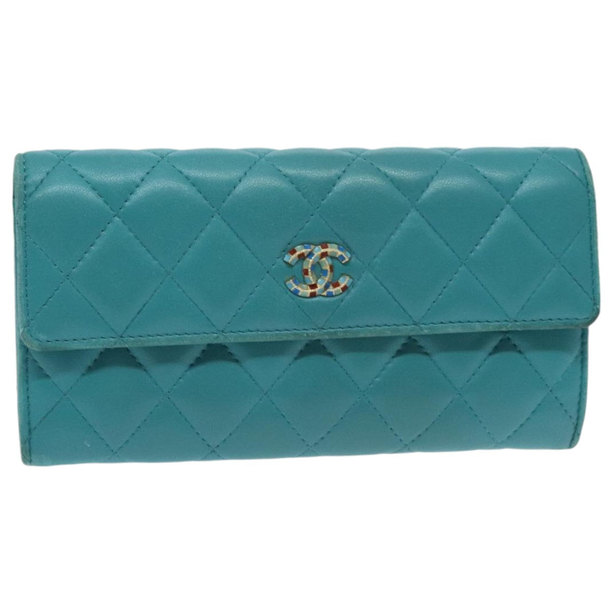 CHANEL Matelasse Long Wallet Lamb Skin Blue Gold CC Auth yk15639