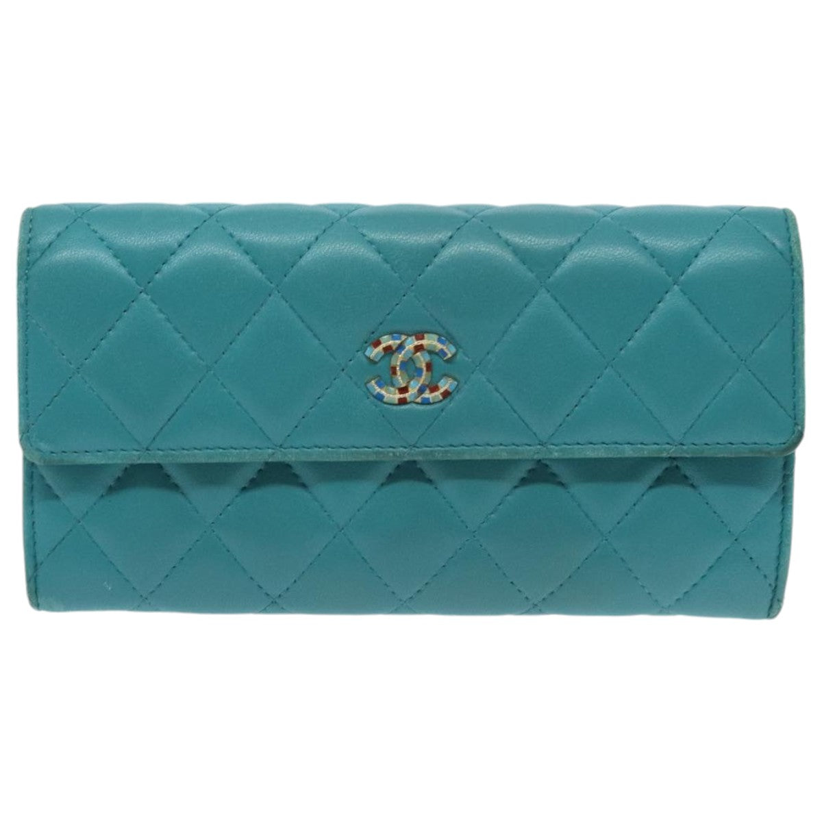 CHANEL Matelasse Long Wallet Lamb Skin Blue Gold CC Auth yk15639