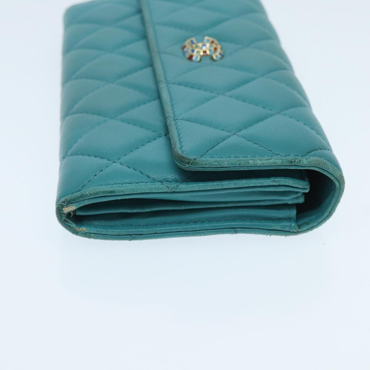 CHANEL Matelasse Long Wallet Lamb Skin Blue Gold CC Auth yk15639