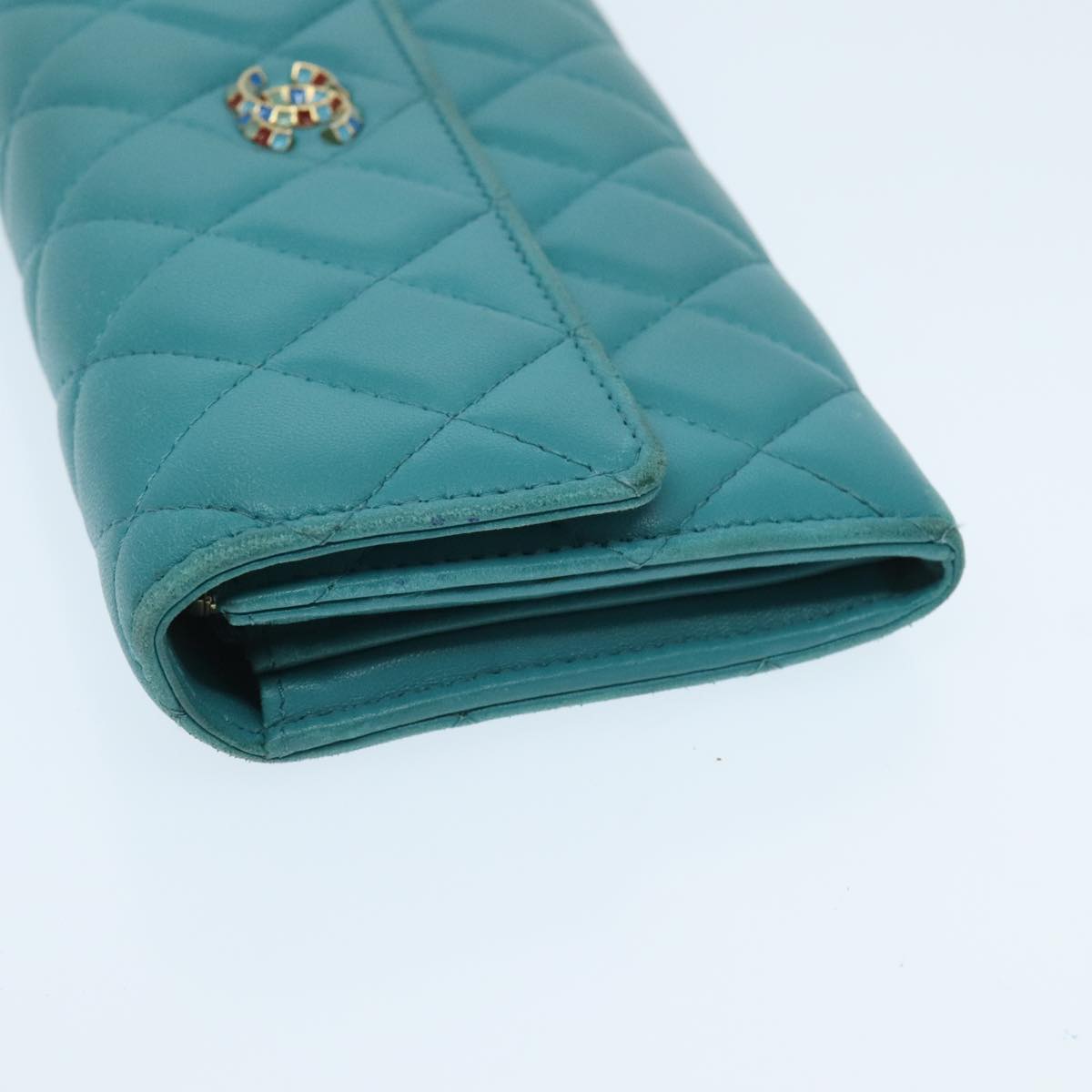 CHANEL Matelasse Long Wallet Lamb Skin Blue Gold CC Auth yk15639