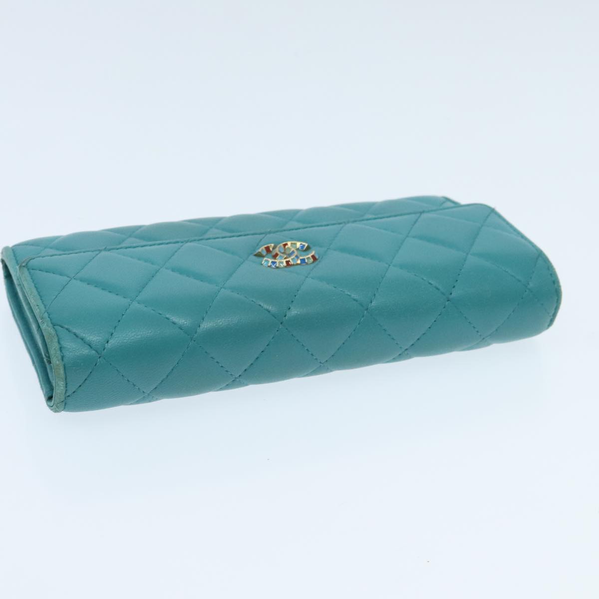 CHANEL Matelasse Long Wallet Lamb Skin Blue Gold CC Auth yk15639