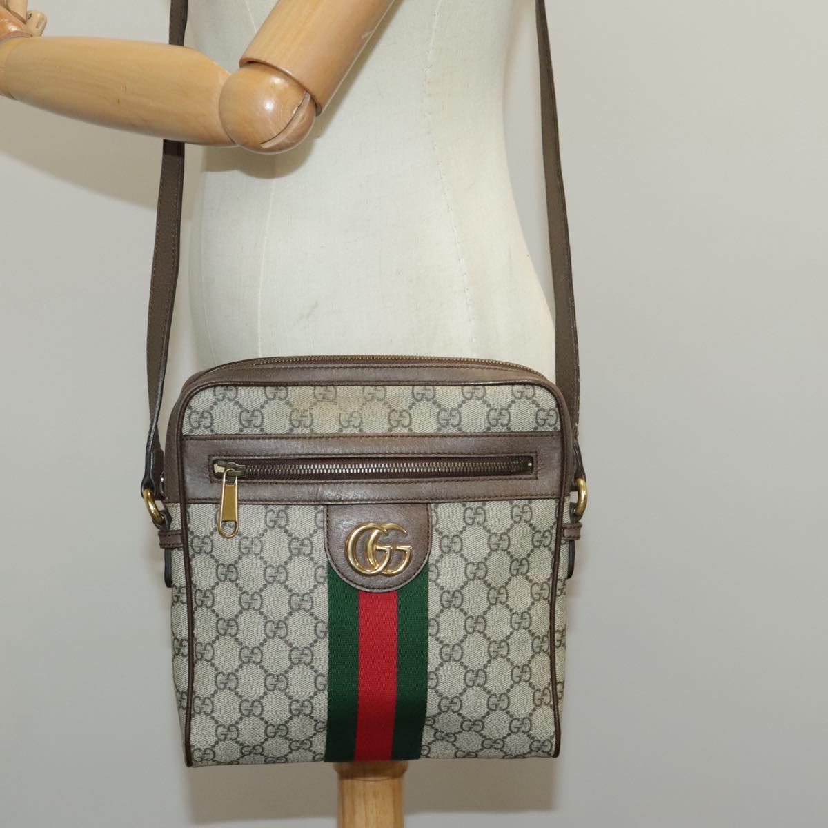 GUCCI GG Canvas Web Sherry Line Shoulder Bag PVC Beige Green Red Auth yk15655