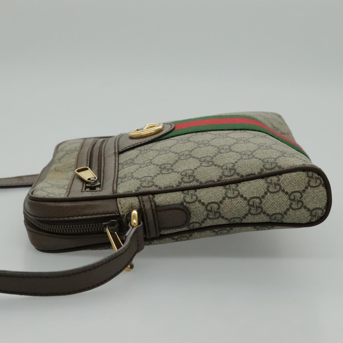 GUCCI GG Canvas Web Sherry Line Shoulder Bag PVC Beige Green Red Auth yk15655