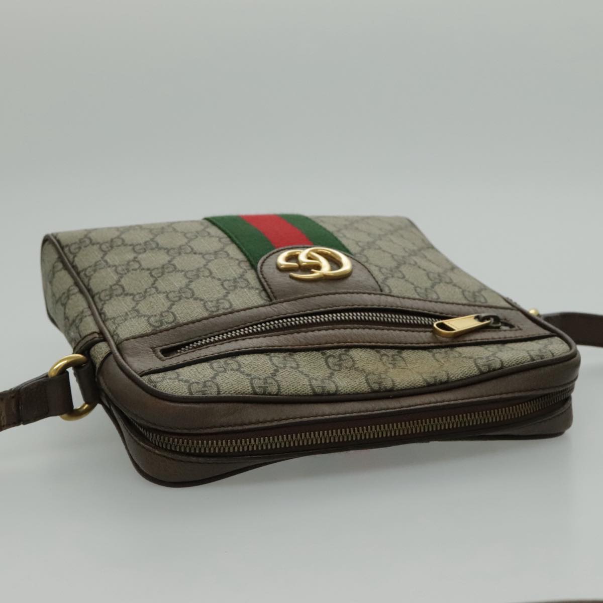 GUCCI GG Canvas Web Sherry Line Shoulder Bag PVC Beige Green Red Auth yk15655