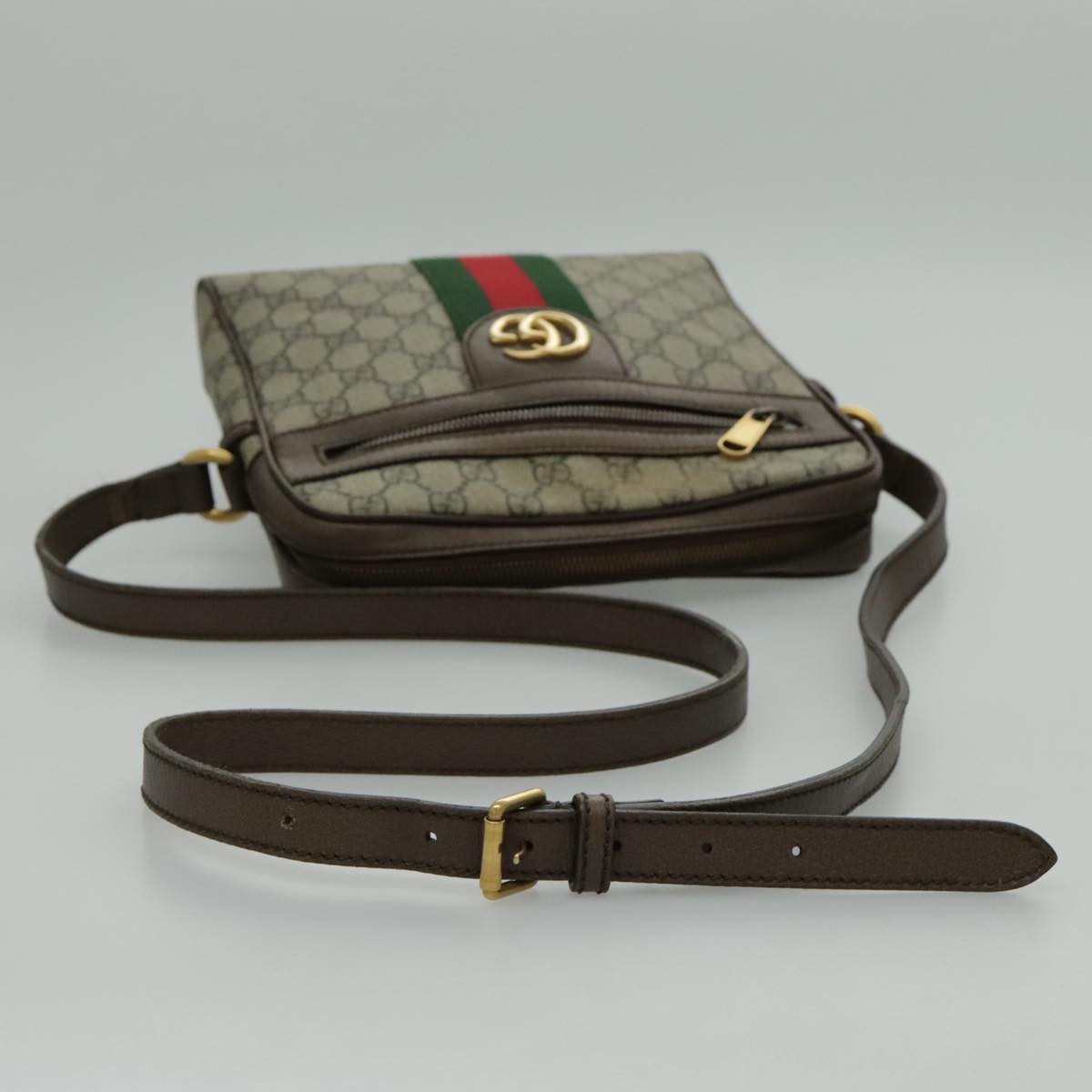 GUCCI GG Canvas Web Sherry Line Shoulder Bag PVC Beige Green Red Auth yk15655