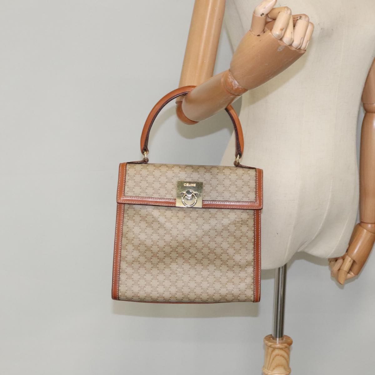 CELINE Macadam Canvas Hand Bag Beige Gold Auth yk15674