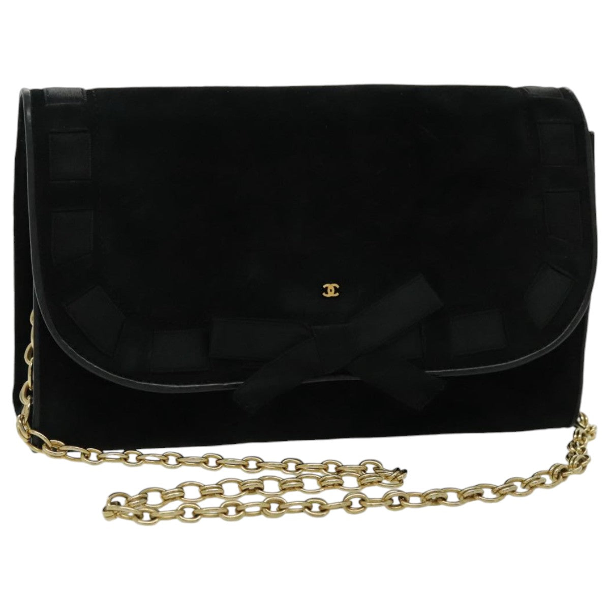 CHANEL COCO Mark Ribbon Chain Shoulder Bag Suede Black Gold CC Auth yk15692