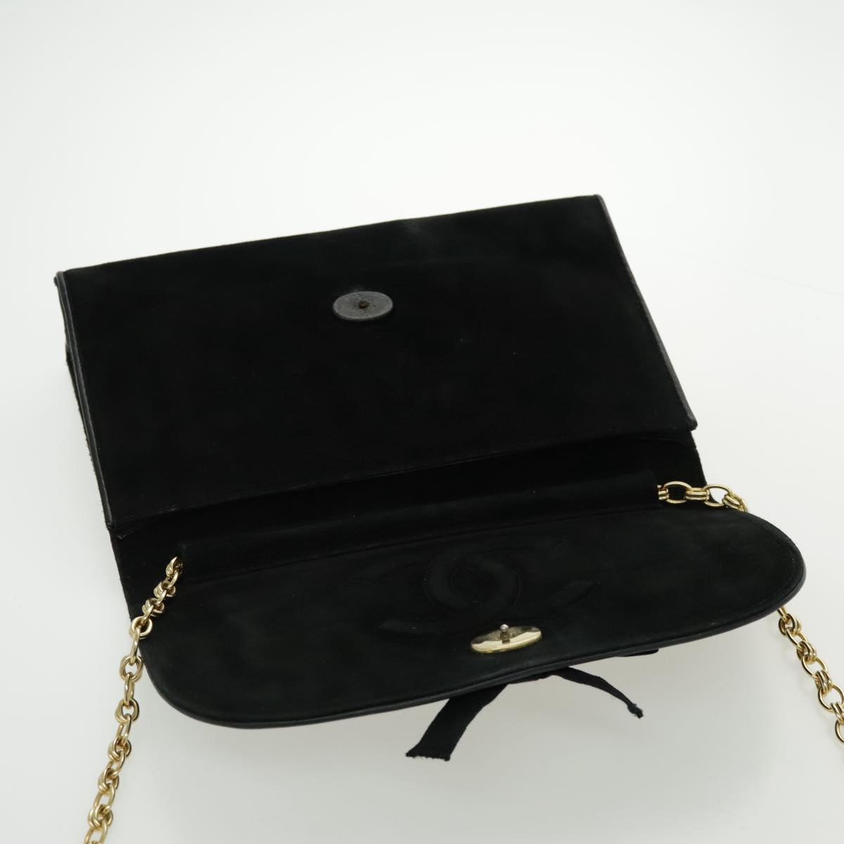 CHANEL COCO Mark Ribbon Chain Shoulder Bag Suede Black Gold CC Auth yk15692