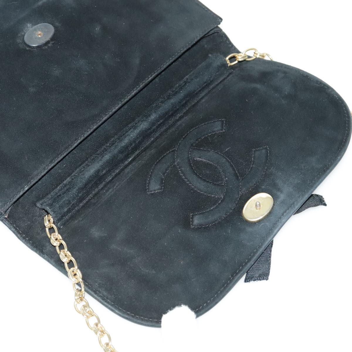 CHANEL COCO Mark Ribbon Chain Shoulder Bag Suede Black Gold CC Auth yk15692