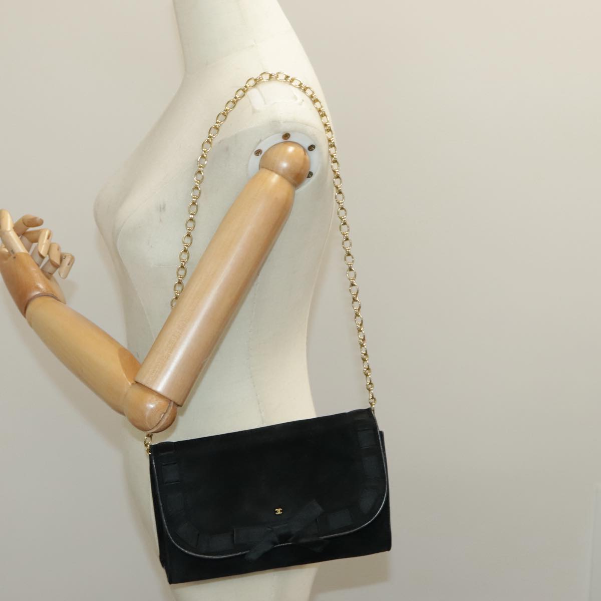 CHANEL COCO Mark Ribbon Chain Shoulder Bag Suede Black Gold CC Auth yk15692