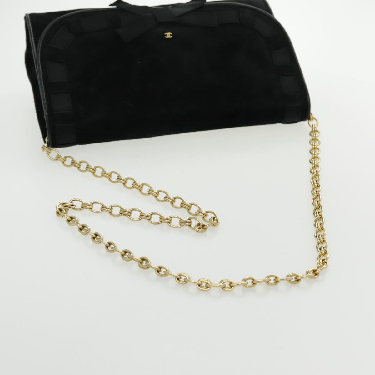 CHANEL COCO Mark Ribbon Chain Shoulder Bag Suede Black Gold CC Auth yk15692