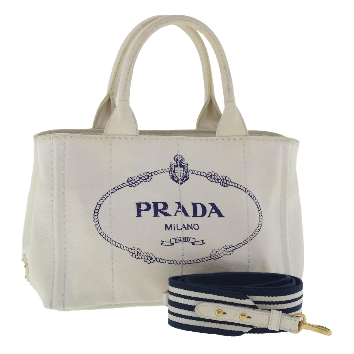 PRADA Canapa PM Hand Bag Denim 2way White Gold Auth yk15700