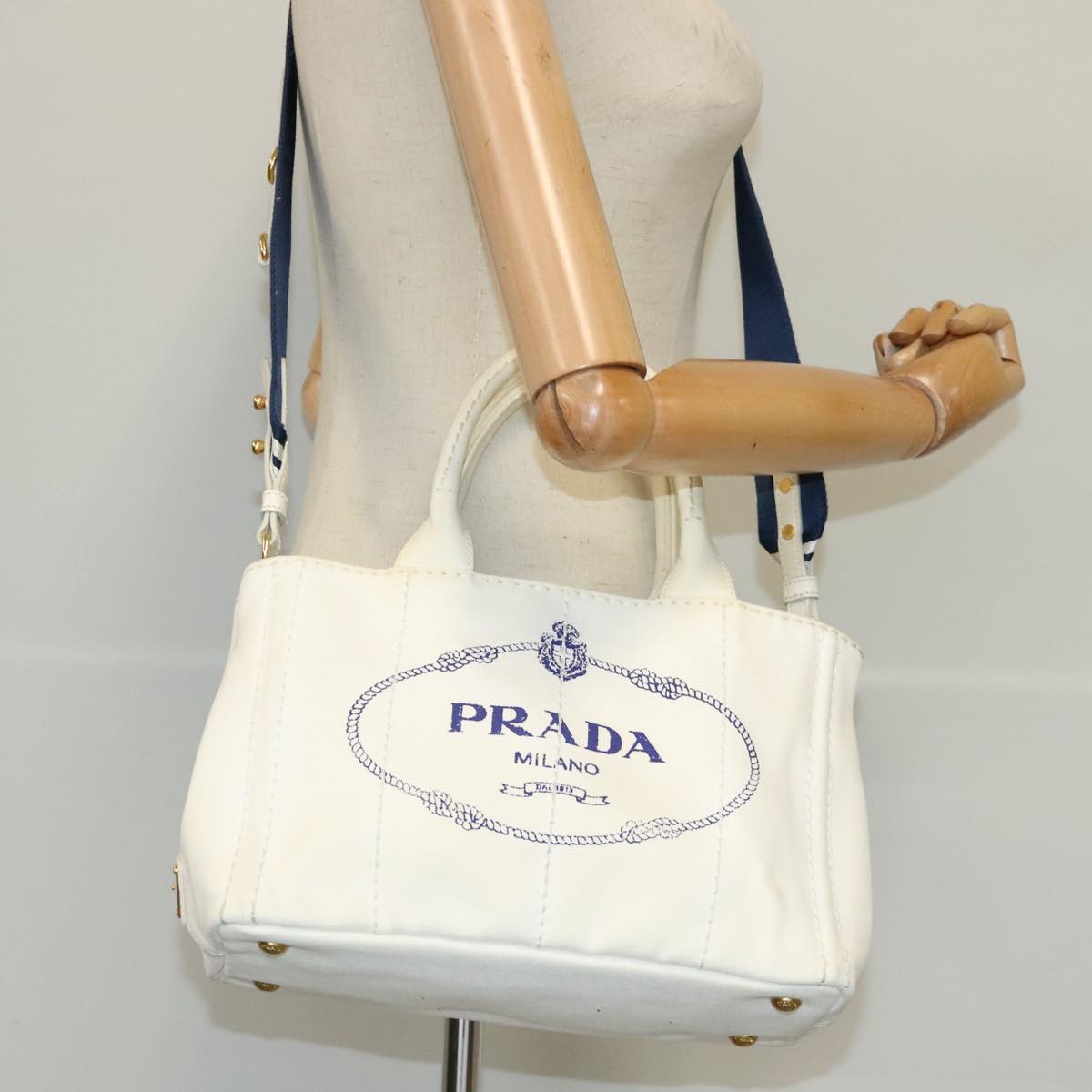 PRADA Canapa PM Hand Bag Denim 2way White Gold Auth yk15700