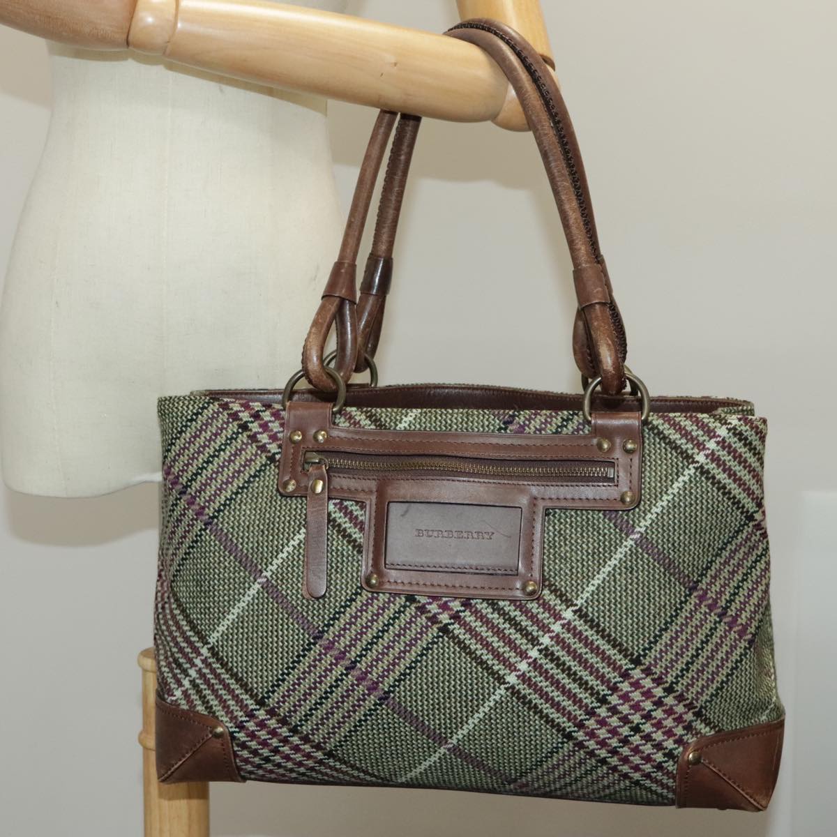 BURBERRY Tote Bag Wool Green Auth yk15702