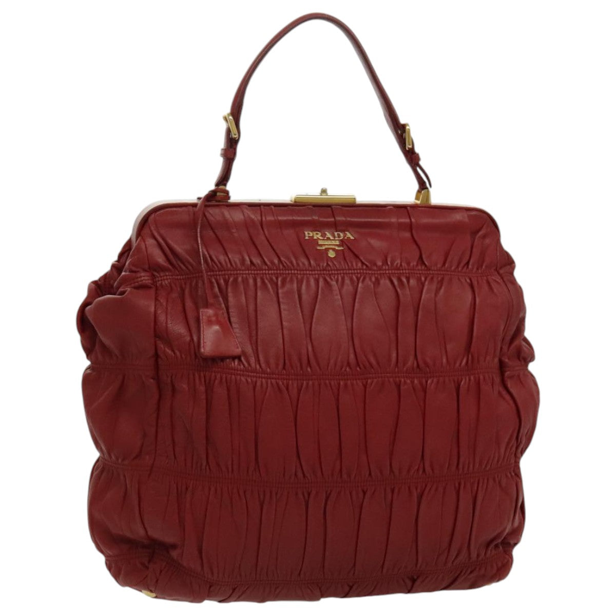 PRADA Gathered Hand Bag Leather Red Gold Auth yk15713