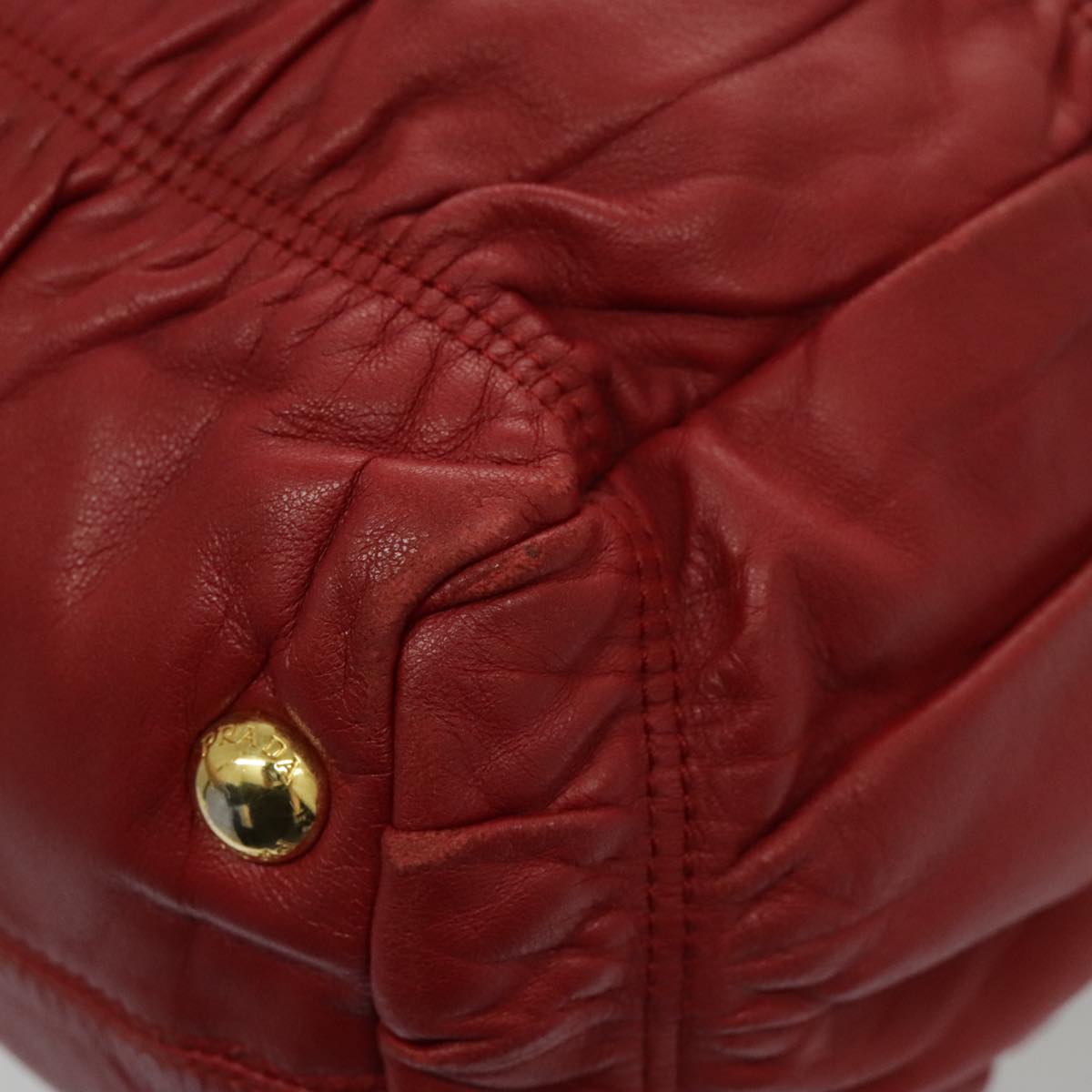 PRADA Gathered Hand Bag Leather Red Gold Auth yk15713