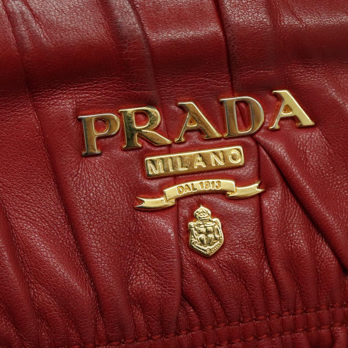 PRADA Gathered Hand Bag Leather Red Gold Auth yk15713