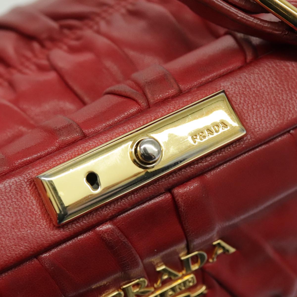 PRADA Gathered Hand Bag Leather Red Gold Auth yk15713