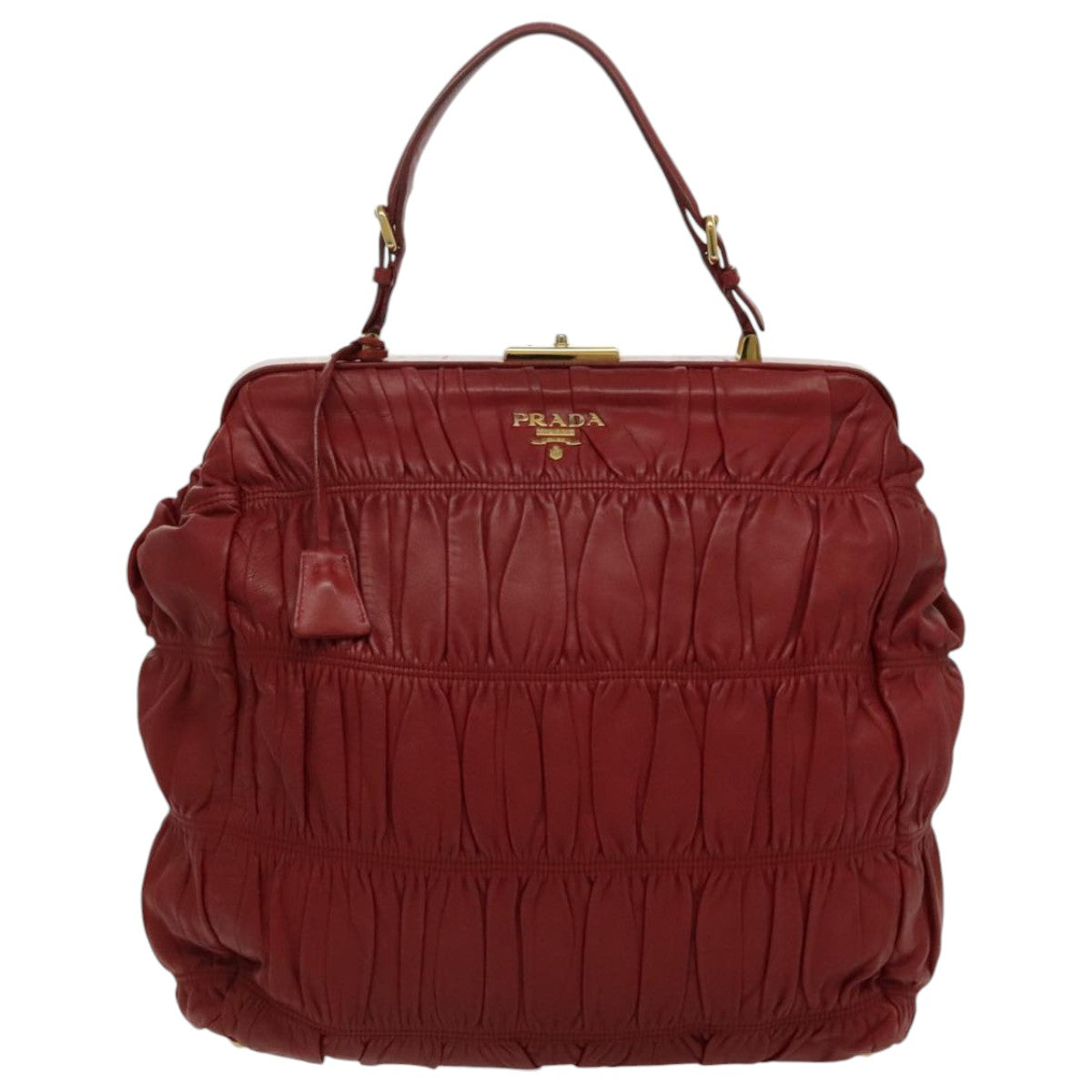 PRADA Gathered Hand Bag Leather Red Gold Auth yk15713 - 0