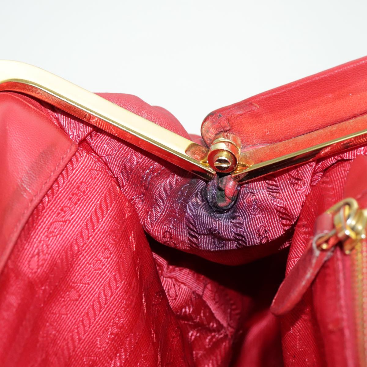 PRADA Gathered Hand Bag Leather Red Gold Auth yk15713