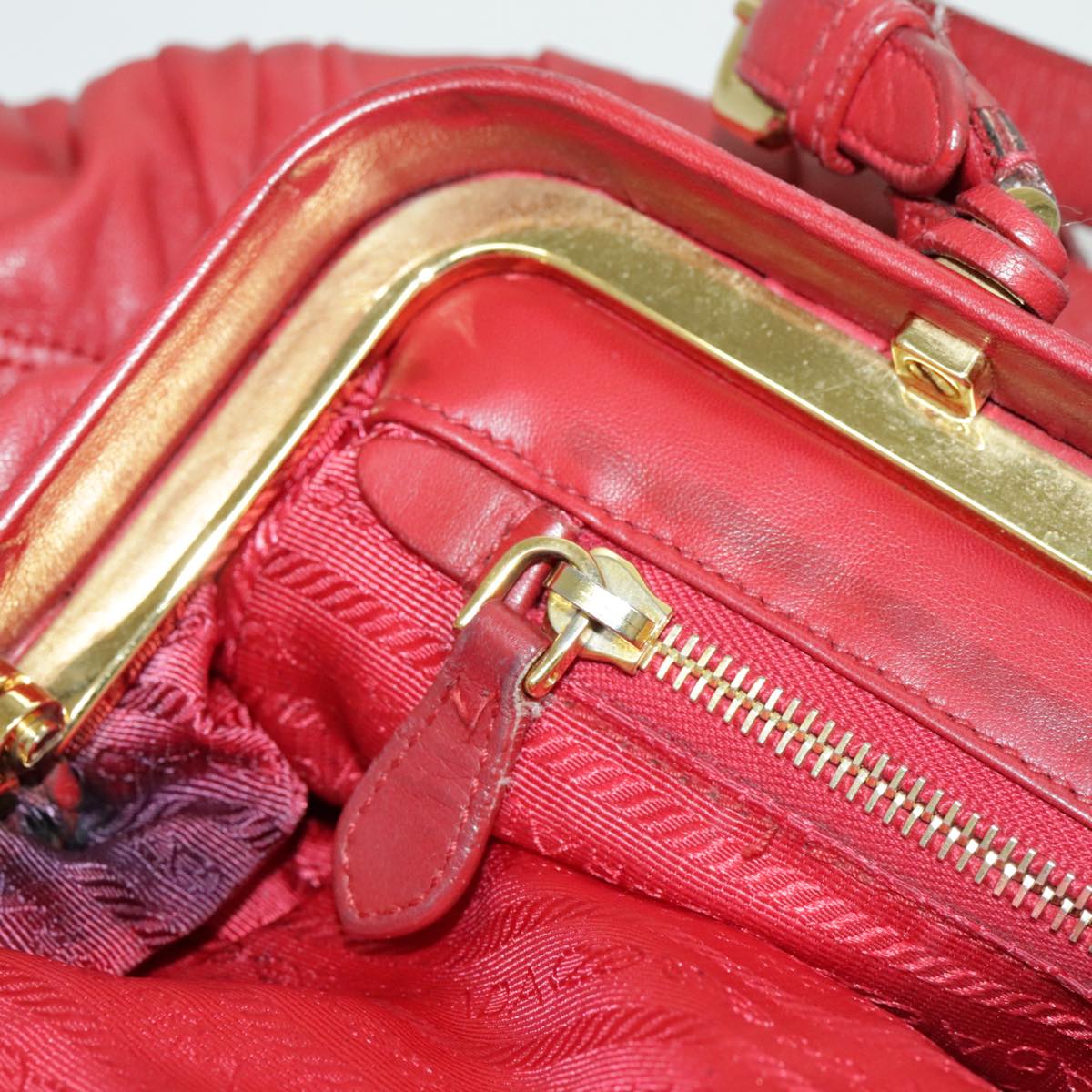 PRADA Gathered Hand Bag Leather Red Gold Auth yk15713