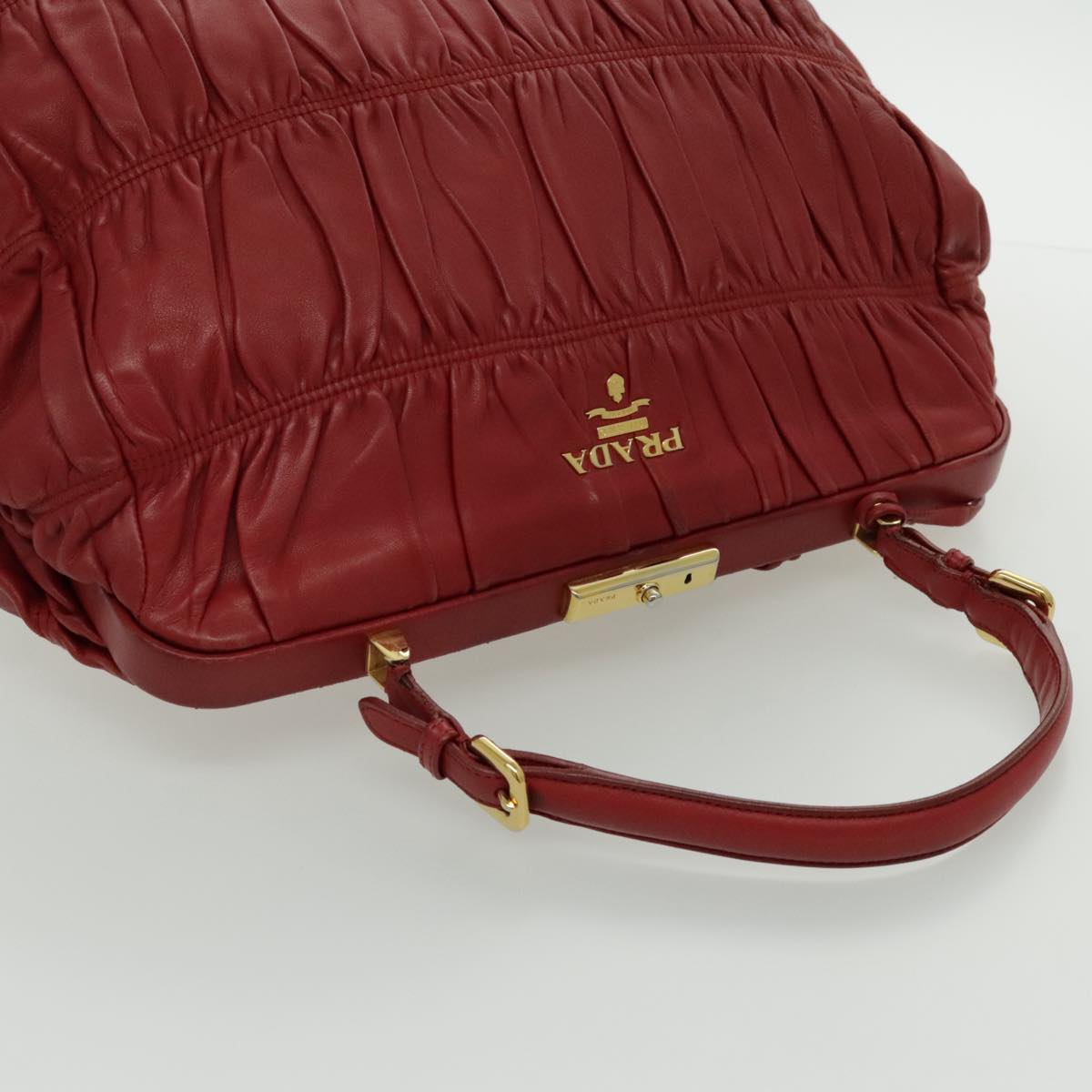 PRADA Gathered Hand Bag Leather Red Gold Auth yk15713