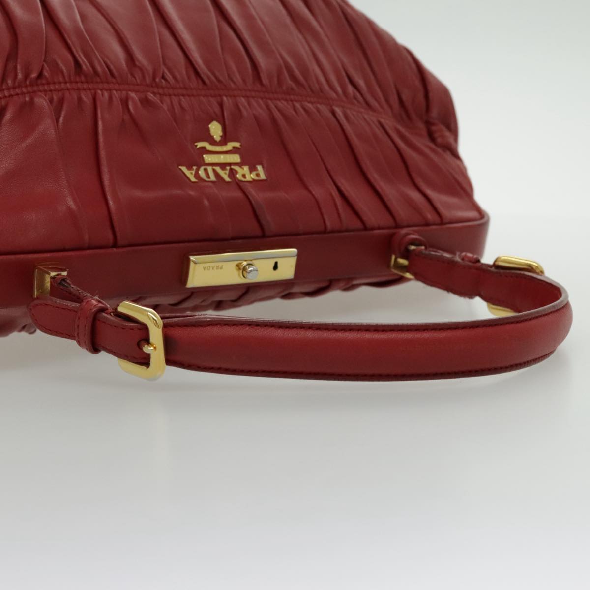 PRADA Gathered Hand Bag Leather Red Gold Auth yk15713