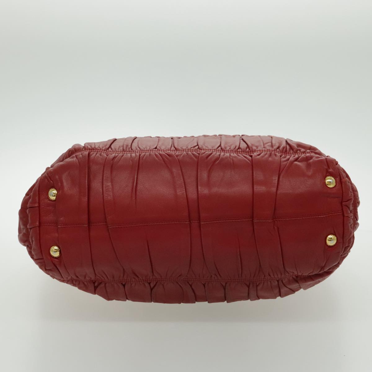 PRADA Gathered Hand Bag Leather Red Gold Auth yk15713