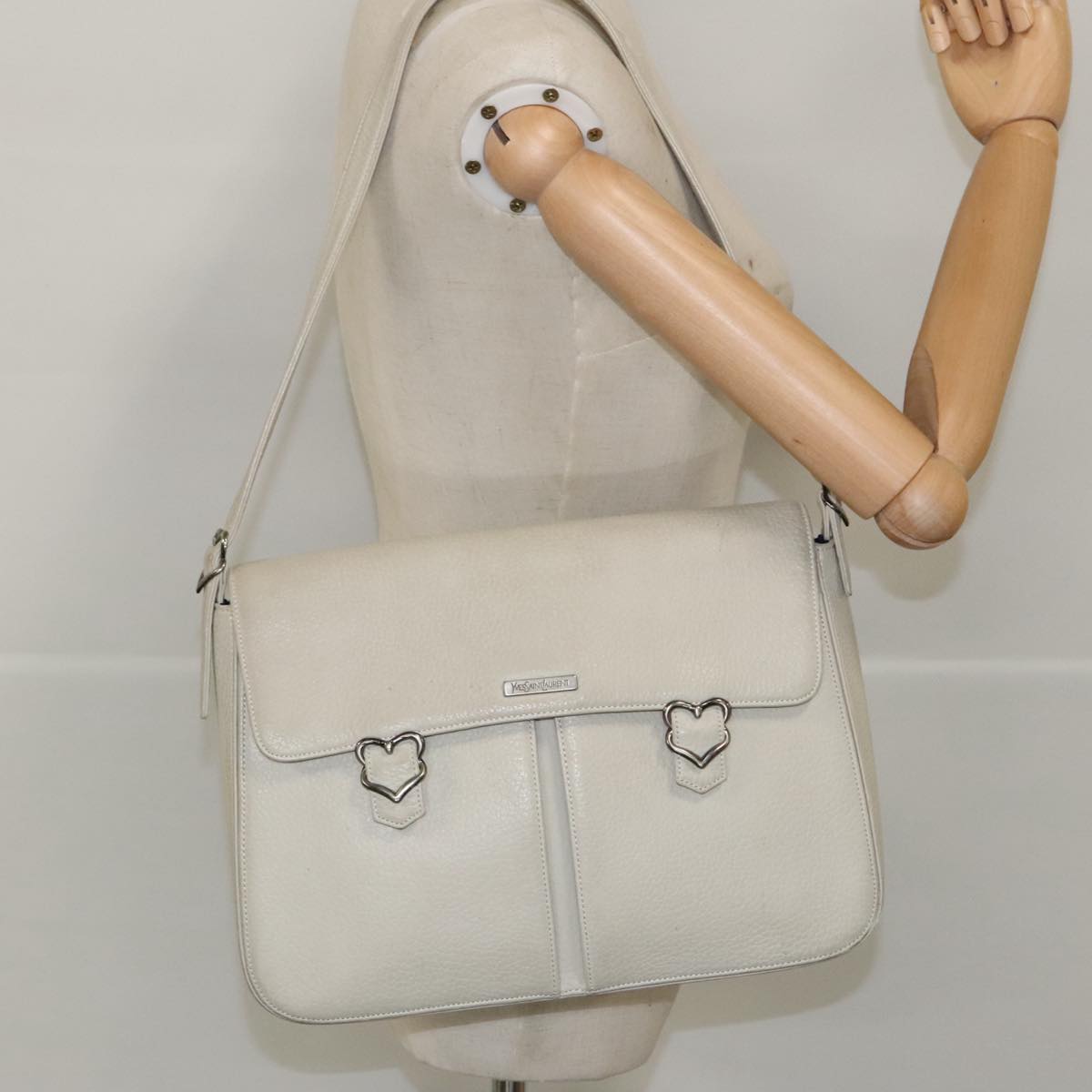 SAINT LAURENT Shoulder Bag Leather White Silver Auth yk15724