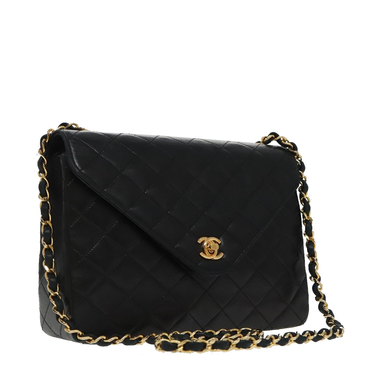 CHANEL Matelasse Chain Shoulder Bag Lamb Skin Black Gold CC Auth yk15735