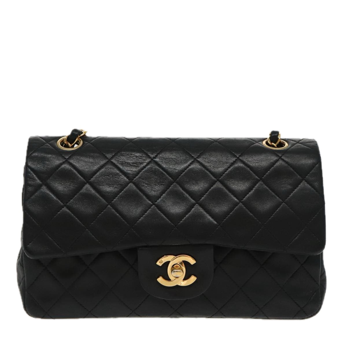 CHANEL Matelasse 23 Double Flap Chain Bag Lamb Skin Black Gold CC Auth yk15736A