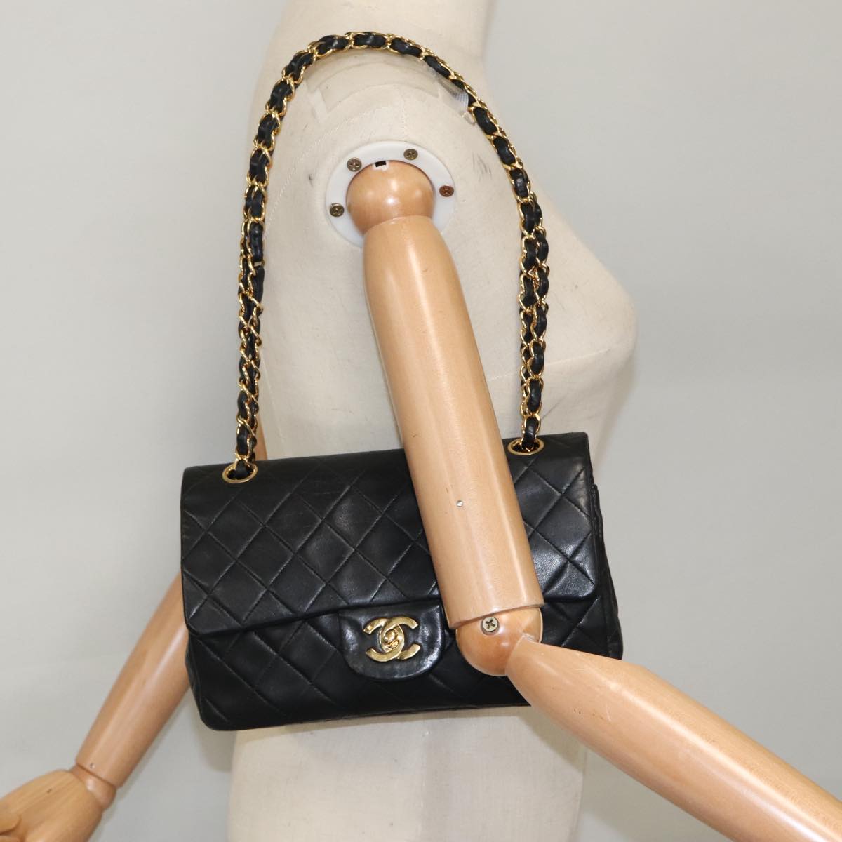 CHANEL Matelasse 23 Double Flap Chain Bag Lamb Skin Black Gold CC Auth yk15736A